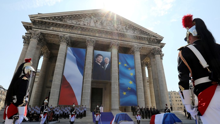 French President Emmanuel Macron delivers a speech in tribute to late Auschwitz survivor and French health minister Simone Veil and her late husband Antoine Veil during a national tribute.