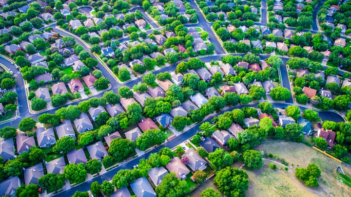 An aerial photo of suburban homes