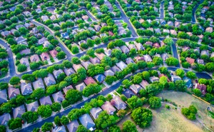 An aerial photo of suburban homes