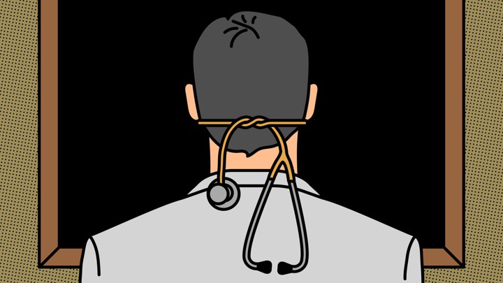 An illustration of a doctor with a stethoscope tied around his head