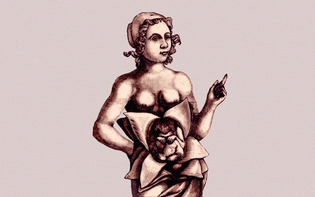 Schematic drawing of a standing woman showing normal child in uterus.