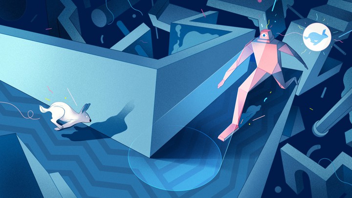 An illustration of a robot scanning a rabbit around the corner of a maze