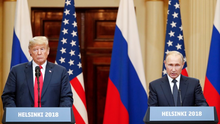 President Donald Trump and Russian President Vladimir Putin pictured during their summit in Helsinki on July 16, 2018
