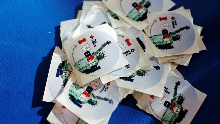 Stickers at a polling center in Manhattan