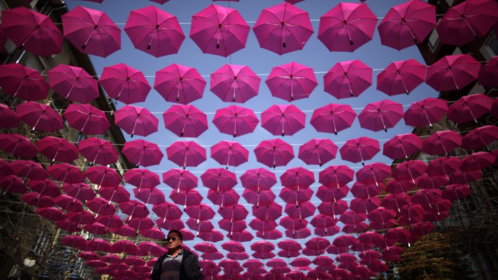 Pink umbrellas strung along a street