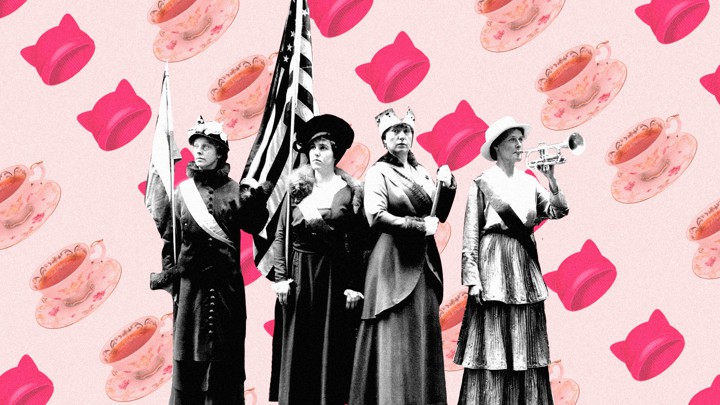 Suffragettes on a background of pussy hats and teacups
