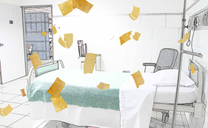 Papers fly around a hospital bed.