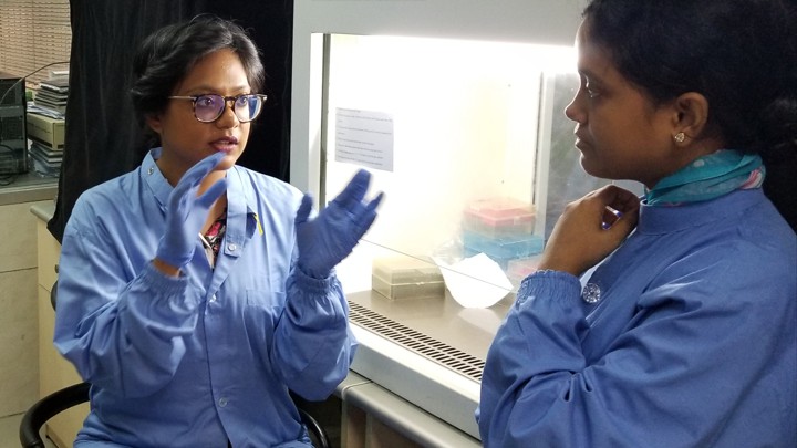 Senjuti Saha and a colleague in Dhaka, Bangladesh.