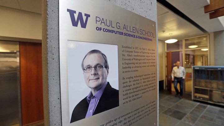 A plaque with a photo of Paul Allen