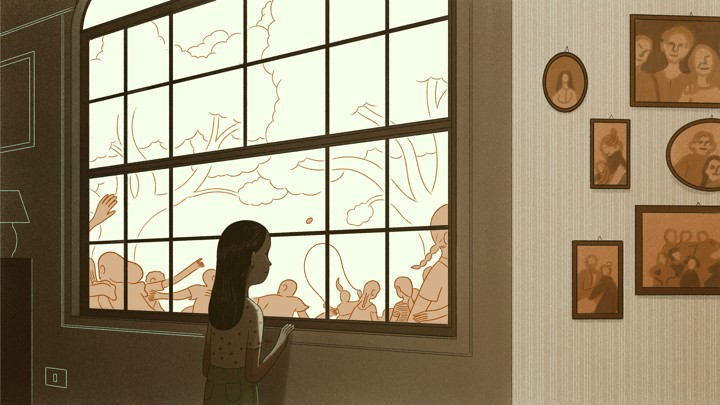 Granddaughter looking outside at kids playing
