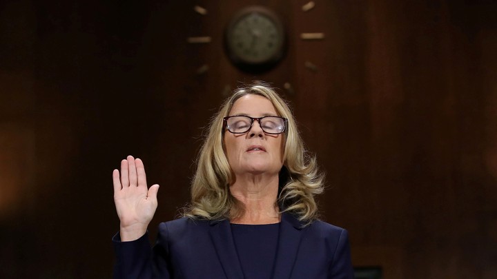 Christine Blasey Ford is sworn in before testifying the Senate Judiciary Committee in the Dirksen Senate Office Building at the Capitol Hill in Washington, DC, U.S., September 27, 2018.