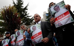 Human rights activists and friends of Saudi journalist Jamal Khashoggi protest outside the Saudi Consulate in Istanbul, Turkey  on October 8, 2018