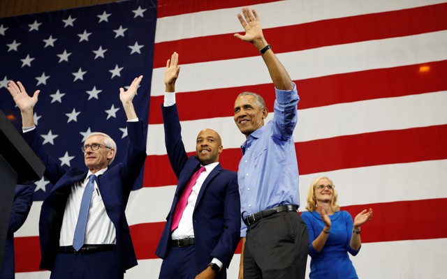 Barack Obama at a campaign rally for Wisconsin Democratic candidates (the gubernatorial candidate Tony Evers, the lieutenant-governor candidate Mandela Barnes, and the state treasurer candidate Sarah Godlewski) on October 26