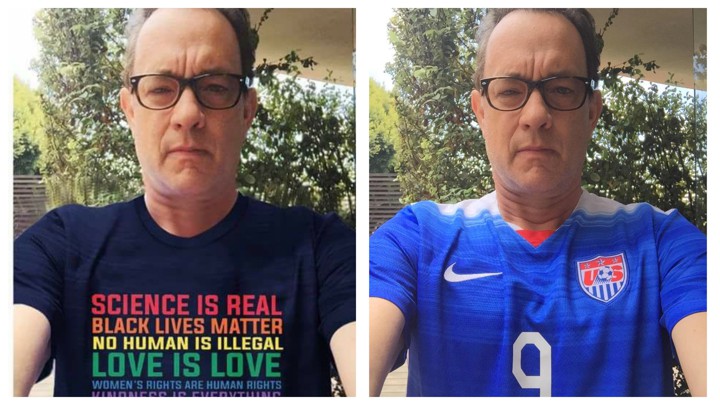 A doctored photo of Tom Hanks was shared by an alleged Iranian propaganda page, "No racism no war"