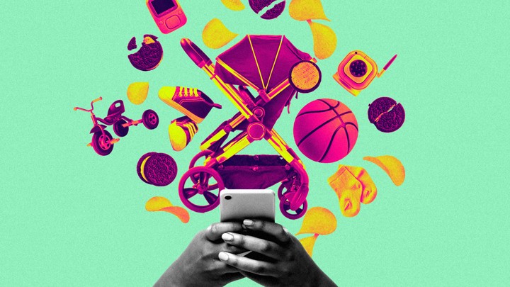 A photo illustration of a woman's hands holding a phone, surrounded by a variety of consumer products
