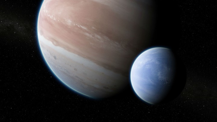 An artist's impression of the exoplanet Kepler-1625b with a large moon