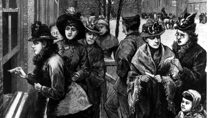 An 1869 engraving of women voting in Wyoming, where women were granted equal voting rights on December 10, 1869