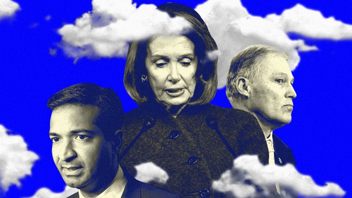 A collage of images of Nancy Pelosi, Carlos Curbelo, and Jay Inslee