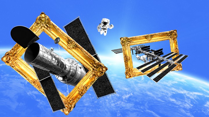 Iconic spacecraft encased in gold frames, as if in a museum