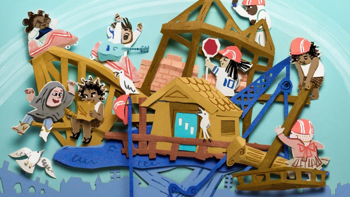 Children engage in a variety of activities in a playful scene.
