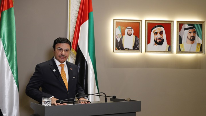 UAE Ambassador to the U.K. Sulaiman Hamid Almazroui delivers a statement to the media about Matthew Hedges on November 23, 2018.