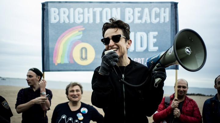 Masha Gessen speaks at the LGBT Pride March in Brighton Beach, New York, on May 20, 2017.