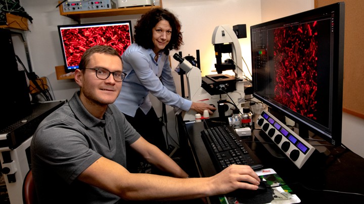A man and a woman sit near science equipment.