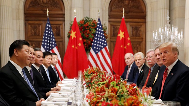 Donald Trump, Secretary of State Mike Pompeo, and National-Security Adviser John Bolton meet with Xi Jinping at the G20 summit in December.