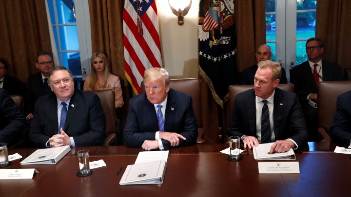 Trump meets with Secretary of State Mike Pompeo and acting Defense Secretary Patrick Shanahan in July.