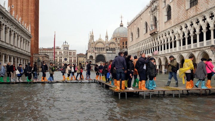 Catwalks erected in Saint Mark Square during Venice's October 2018 flood
