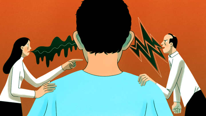 A boy stands in the middle between his parents arguing