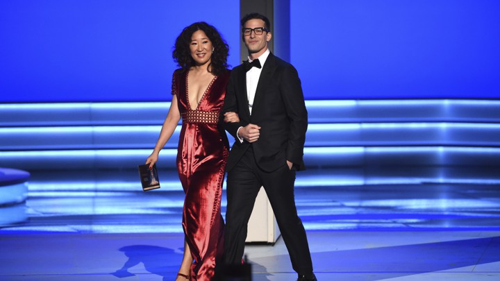 Sandra Oh and Andy Samberg present the award for Outstanding Directing for a Comedy Series at the 70th Primetime Emmy Awards on Monday, September 17, 2018.