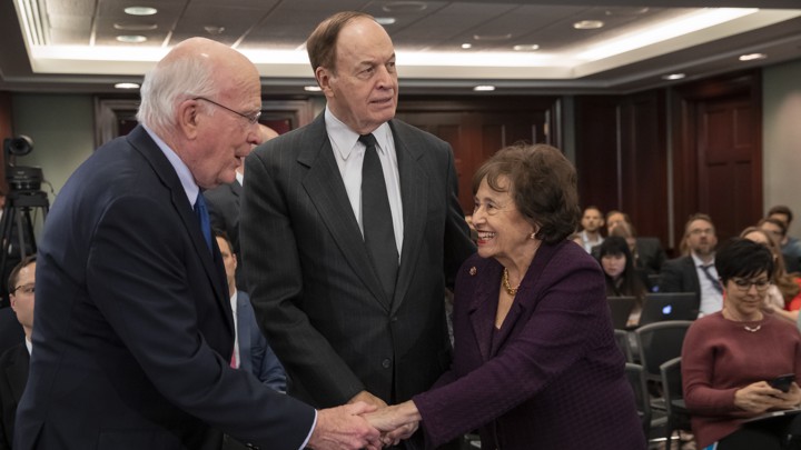 From left: Senator Patrick Leahy, Senator Richard Shelby, and Representative Nita Lowey greet one another at Wednesday’s conference-committee meeting at the Capitol.