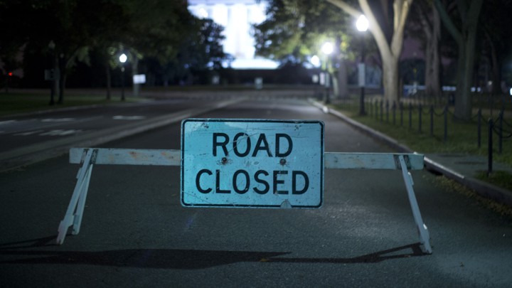 A barricade blocks an entrance to the Lincoln Memorial.
