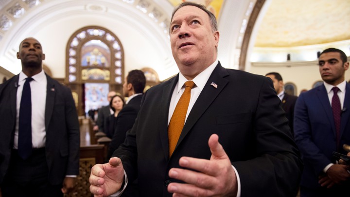 Mike Pompeo speaks to the media in Egypt's new administrative capital, east of Cairo, on January 10, 2019.