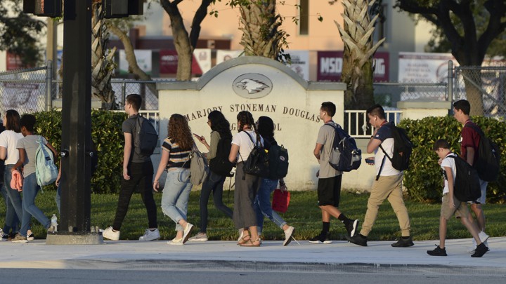 Students from Marjory Stoneman Douglas High School return for a new school year after summer recess on August 15, 2018.