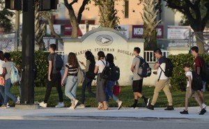 Students from Marjory Stoneman Douglas High School return for a new school year after summer recess on August 15, 2018.