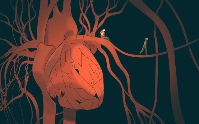 A man walks away from his wife while she sits on a heart