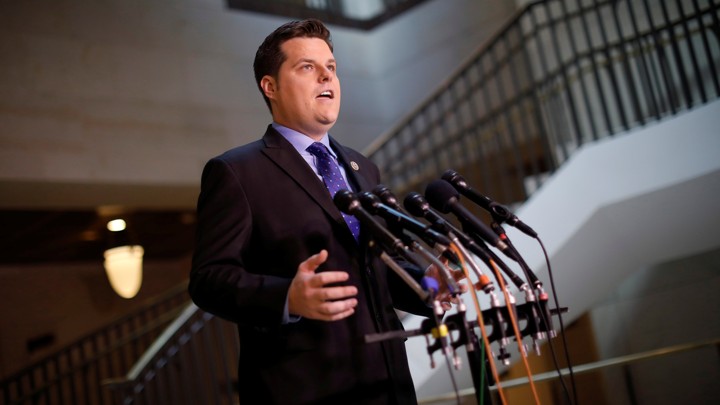 Representative Matt Gaetz speaks with the media.