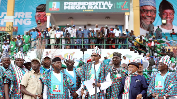 Nigeria's President Muhammadu Buhari speaks at a campaign rally on February 9 in Lagos.