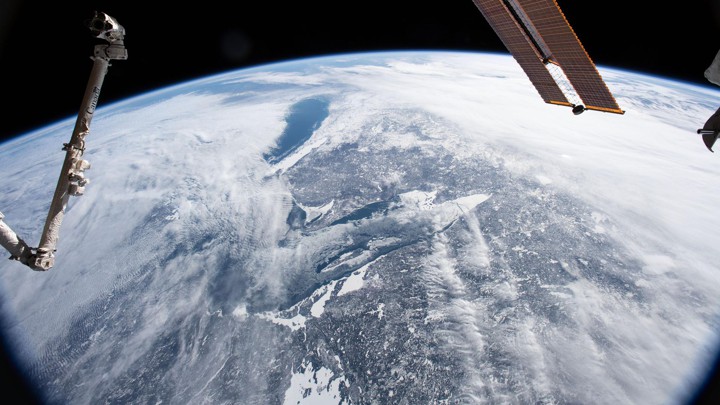 A view of a cloud-covered Earth from the International Space Station