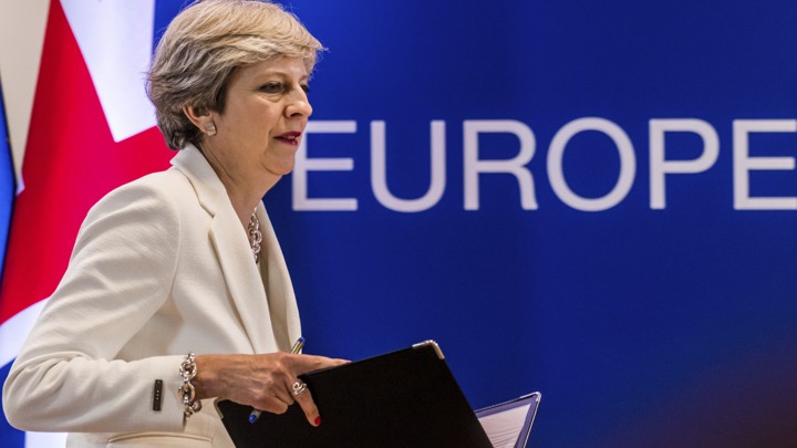 Theresa May speaks at an EU summit in June 2017.