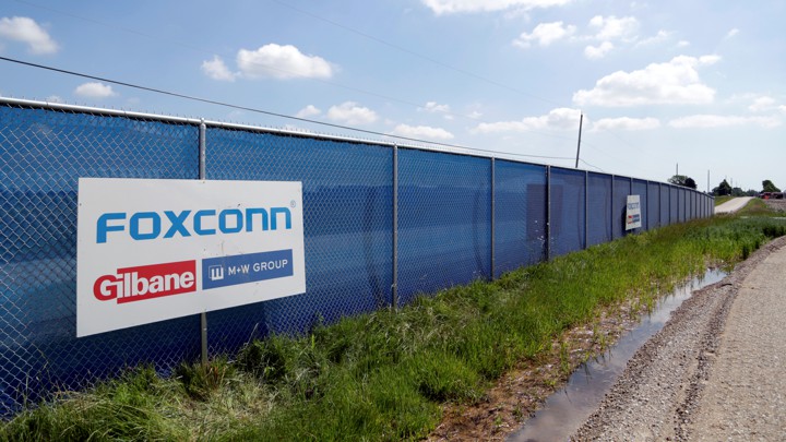 A Foxconn logo is seen in Mount Pleasant, Wisconsin.