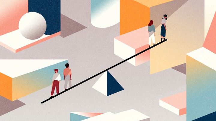 An illustration of women and men standing on a seesaw