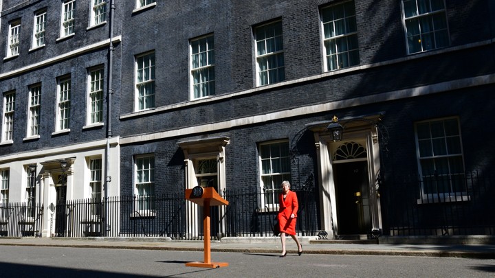 Theresa May walks out of 10 Downing Street to announce her resignation on May 24.