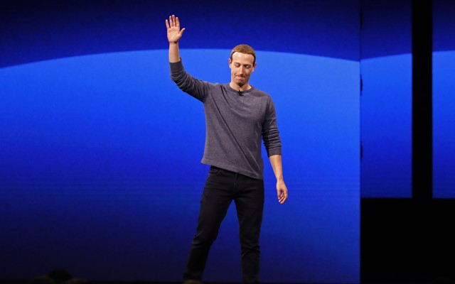 Mark Zuckerberg stands on stage at F8 2019.