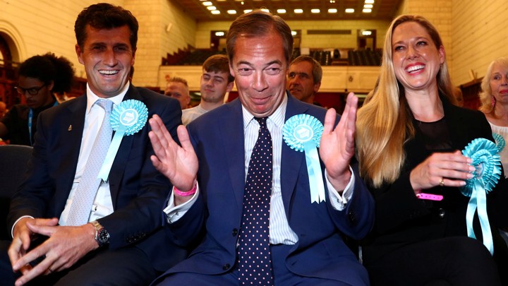 The Brexit Party leader, Nigel Farage, reacts to the results of the European Parliament elections in Southampton, Britain, on May 27, 2019.