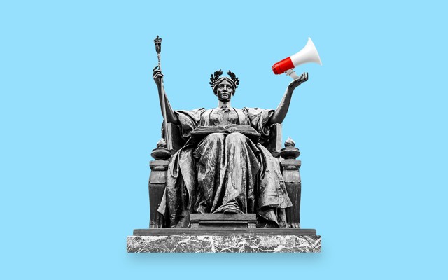 An illustration of a Lady Liberty statue with a megaphone in hand