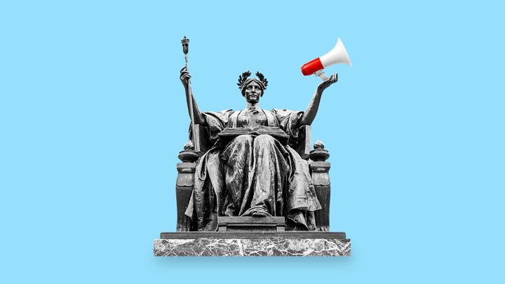 An illustration of a Lady Liberty statue with a megaphone in hand