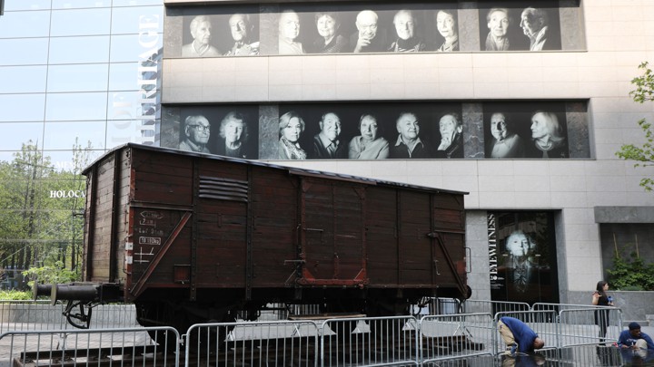 A boxcar used for the deportation of Jews to Auschwitz rests outside the Museum of Jewish Heritage.